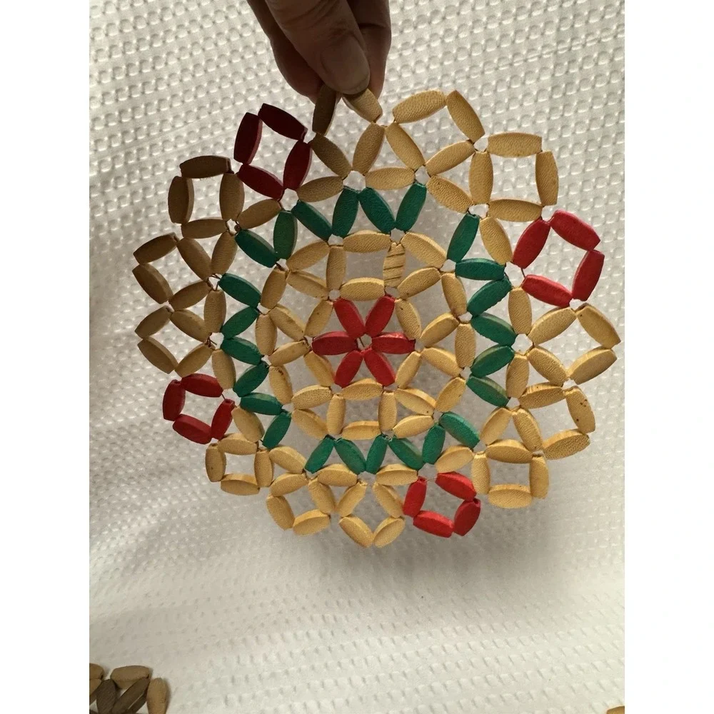 Set of 5 Vintage Wooden Bead and Bamboo Trivets Hot Pads Folk Art Retro MCM 7